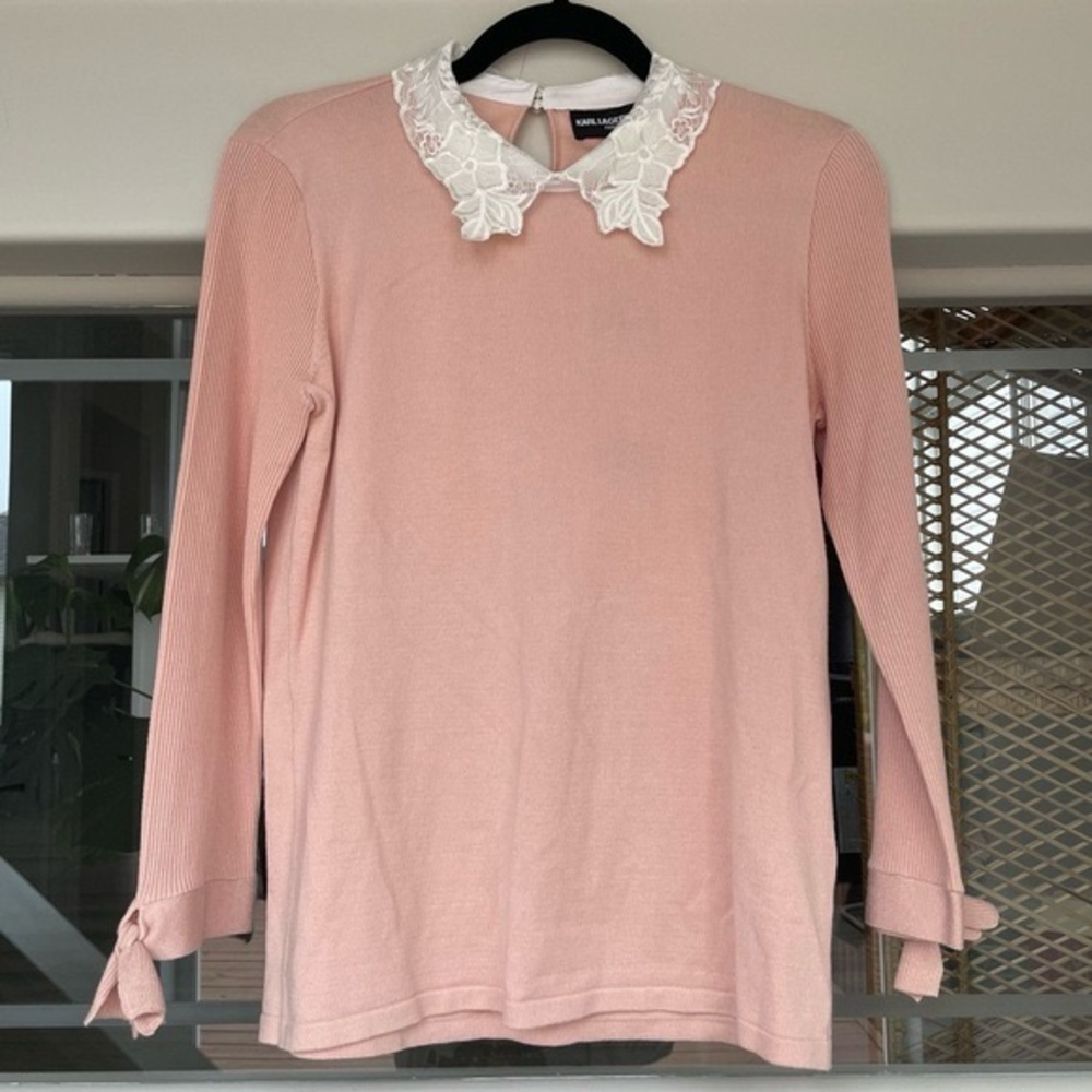NWT KARL LAGERFELD Lace Collar Pink Sweater Blouse Ribbed Tie Sleeves